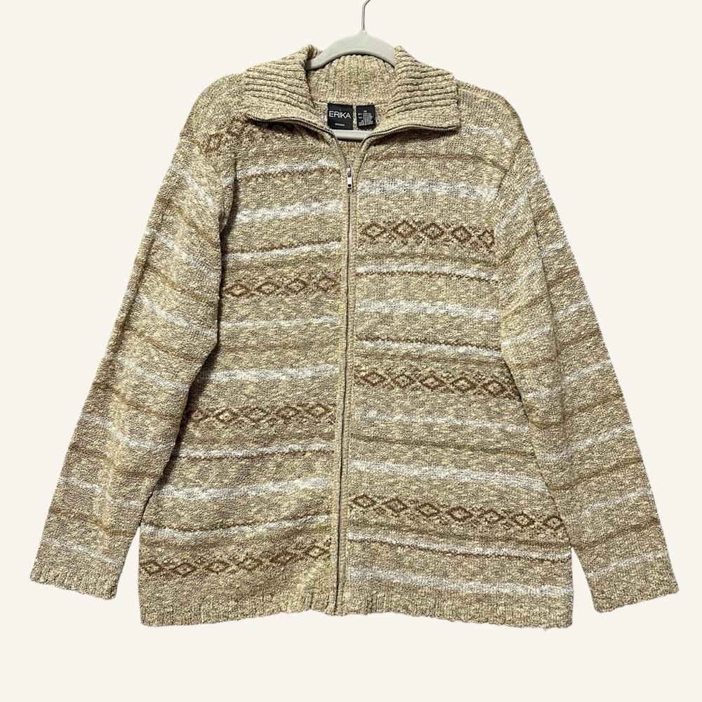 Erika Zip Up Textured Lightweight Sweater Size 1X Tan Aztec Western
